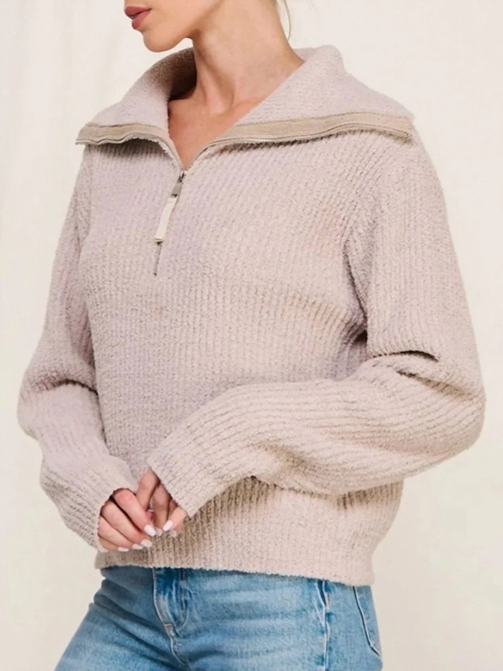 Allie Rose Soft Plush Half-Zip Collar Sweater - Cream